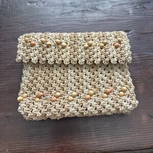 Vintage Crochet Jute Clutch Handbag Tan Brown Wood Bead Lined Purse Envelope Bag